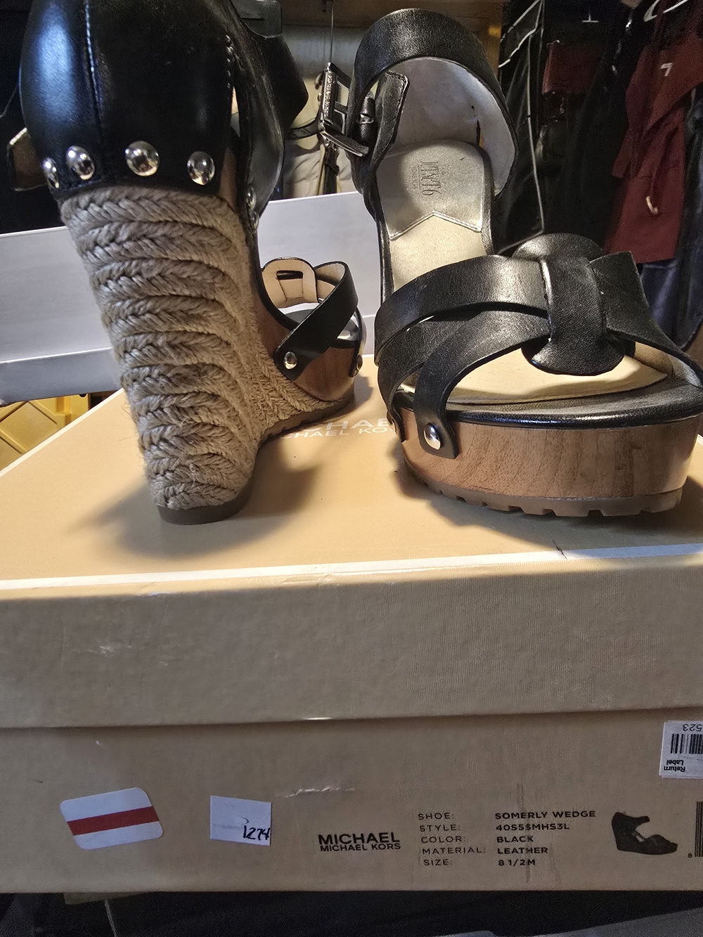 Michael Kors Black Leather Braided Espadrille Wedge Sandals with Stud Detail